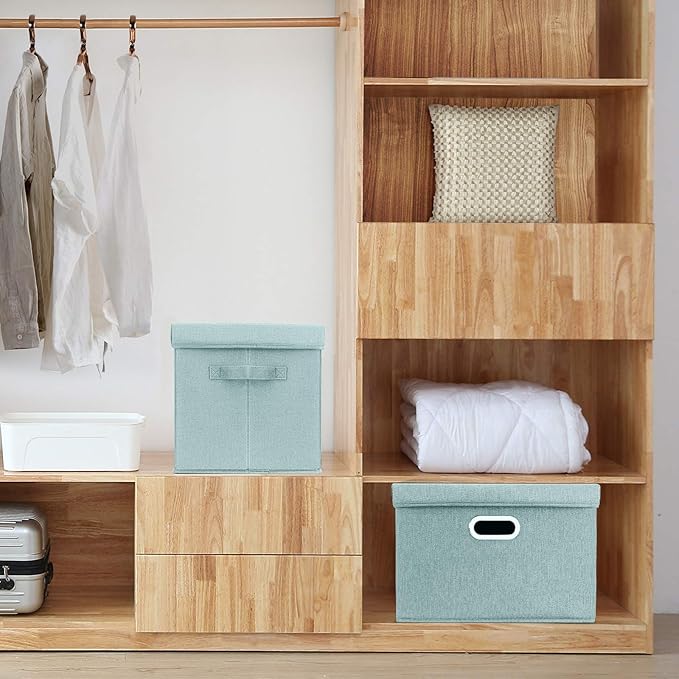 TYEERS Large Storage Bins with Lids, Collapsible, Washable, Fabric Storage Boxes for Organizing, 17.3x11.8x11.4 inches, 5 Pack, Aqua Spring