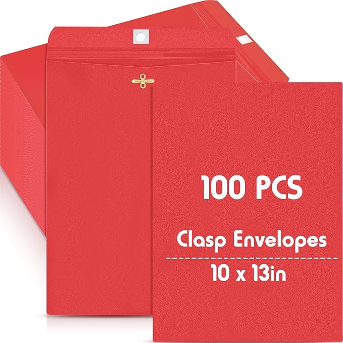 Geyee 100 Pcs Clasp Manilla Envelopes 10 x 13 Inch Gummed Colored Envelopes for Storing or Mailing for Home Office Business Supplies(Red)
