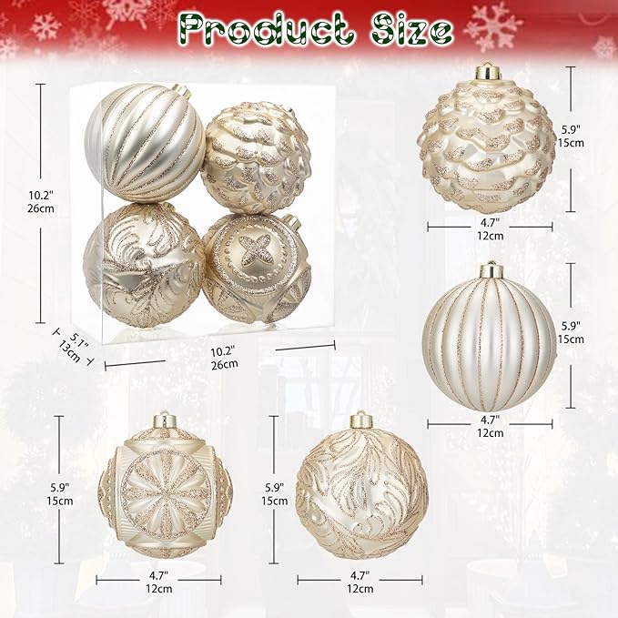 4.7 Inch Large Champagne Gold Christmas Ornaments 4Pcs Christmas Tree Balls Ornaments Shatterproof Christmas Ornaments for Xmas Tree Decor for Holiday Party Wreath Home Decor (Champagne, 120mm)