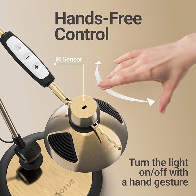 OTUS Desk Lamp for Home Office | Tall LED Architect Desk Light with Gesture Control & Touch | 1500 Lux Eye-Caring Dimmable for Study, Reading, Video Calls | 12 Levels & 3 Colors | Brass Swing Arm Lamp