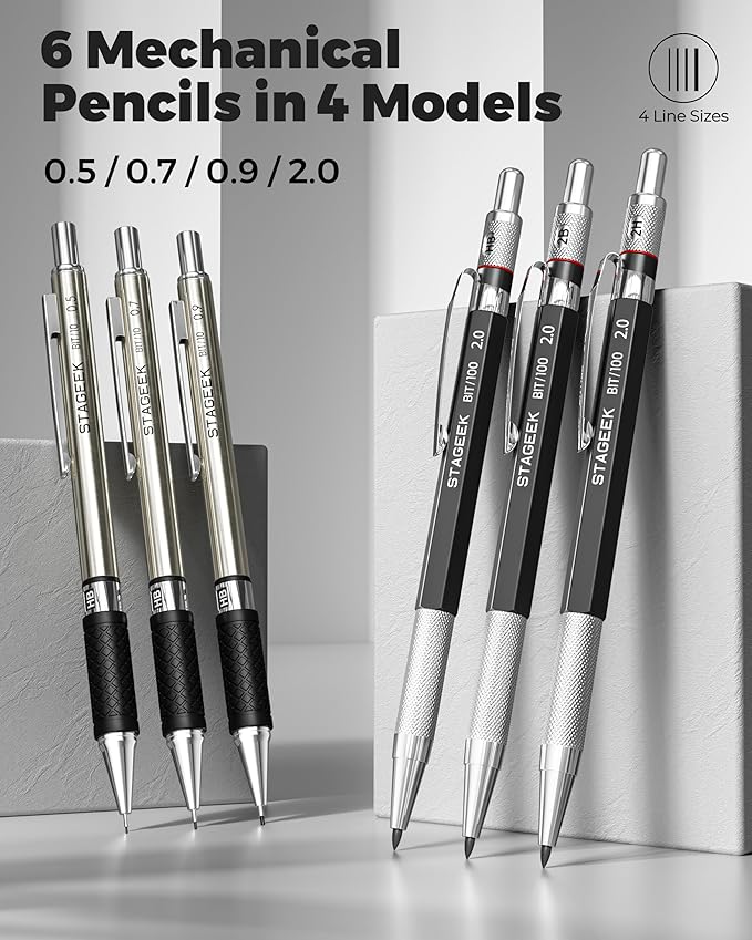 34PCS Art Mechanical Pencil Set, Drafting Pencil 0.5, 0.7, 0.9MM & 3PCS 2.0MM Mechanical Drawing Pencils with 384PCS Leads (6B 4B 2B HB 2H 4H Color) for Artist Sketching Drawing
