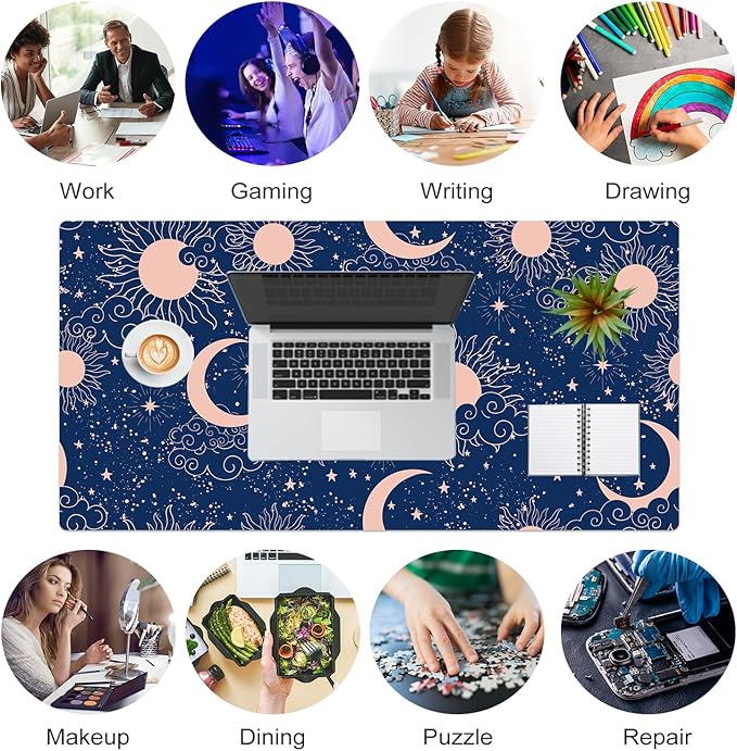 Colorful Star Starry Sky Large Mouse Pad, Celestial Moon and Sun Extended Gaming Mouse Pad Non-Slip Desk Mat, Leather Blue Keyboard Mat for Desktop Gaming Mousepad Accessories 31.5"x15.7"