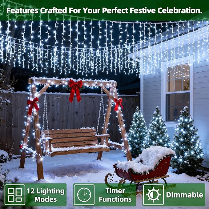 1620 LED Christmas Lights with 360Drops, 164ft 12 Modes Cool White Outdoor String Lights with Timer Dimmable, Waterproof Hanging Twinkle Lights for Outside Holiday Wedding Eaves Christmas Decor