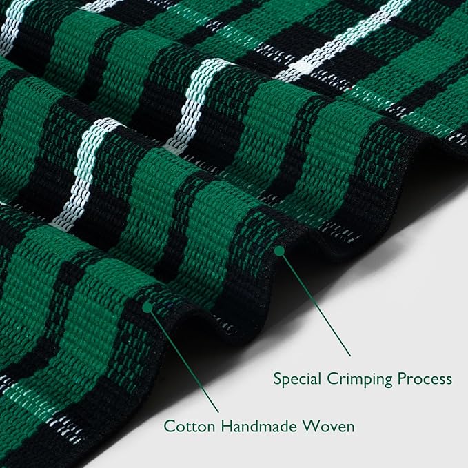 Christmas Door Mat Outdoor 35"x59", Green/Black Buffalo Plaid Front Porch Rug Cotton Hand-Woven Washable Layered Door Mats,Reversible Checkered Floor Rugs for Home Decor Outside
