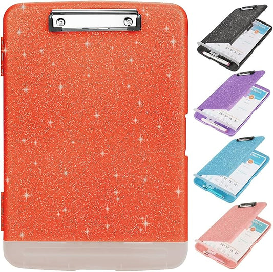 Glitter Clipboard with Storage,Storage Clipboard with Pen Holder,A4 Binder Clip Boards 8.5x11 with Low Profile Clip,Side Opening Sparkle Clipboards, Clipboards Folder for Office Supplies-Orange