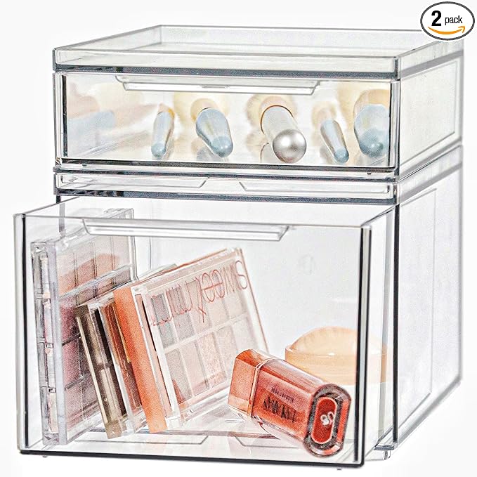 Set of 2 Stackable Storage Drawers - 6.7" Clear Plastic Drawer Storage, Acrylic Makeup Organizer, Desk Counter Cabinet Office Organizer, Bathroom Organizers and Storage (Modern/Set of 2)