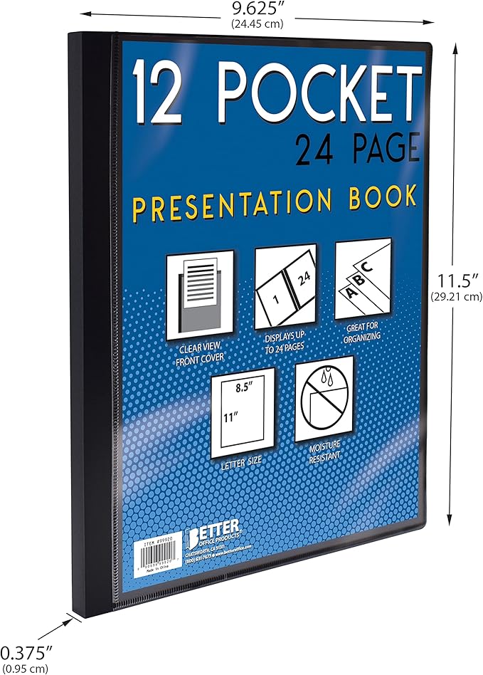 Better Office Products 12 Pocket Bound Presentation Book, Assorted Colors, Clear View Front Cover, 24 Sheet Protector Pages, 8.5" x 11" Sheets, Art Portfolio, Poly Covers, Letter Size (4 Pack)