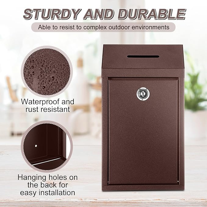 Metal Donation Cash Box Collection Safe Suggestion Box with Lock Wall Mounted Mailbox Delivery Ballot Container for Home Office Outdoor Door