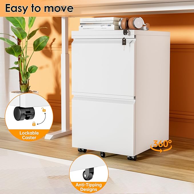 INTERGREAT 2 Drawer File Cabinet, Metal Filling Organizer with Lock, Locking Office Mobile Cabinet with Wheels for Legal/Letter Size, Under Desk, White