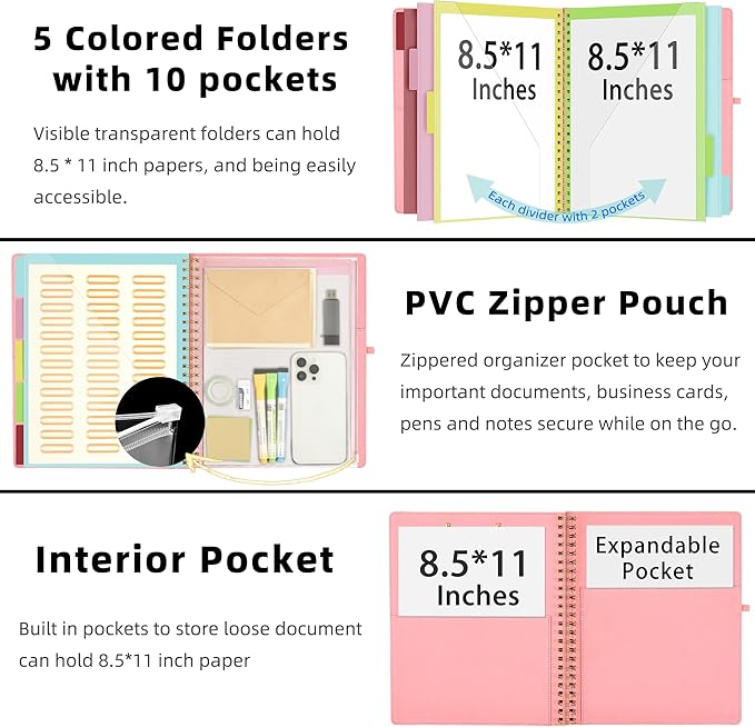 Ospelelf Pink Foldable Spiral Clipboard Folio with Storage Zipper Pouch, 5 Plastic Folders with 10 Pockets,Refillable Lined Notepad (11" x 8.5"), Hardcover Project Organizer with 39 Stickers