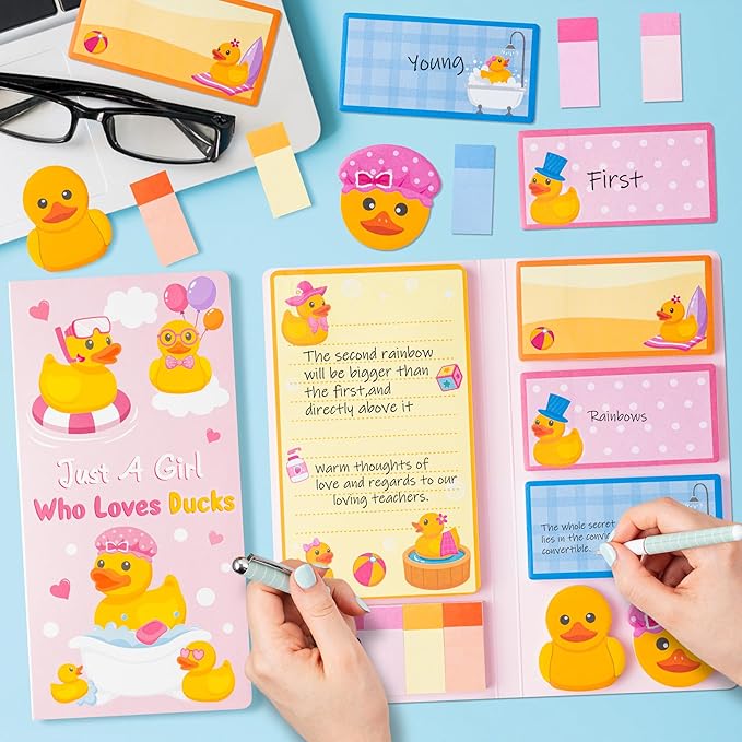 Xqumoi Duck Lovers Sticky Notes Set - Just A Girl Who Loves Ducks Self-Stick Note Pads Cartoon Animal Duckie Writing Memo Pad Page Marker Bookmarker Back to School Office Party Favors Supplies