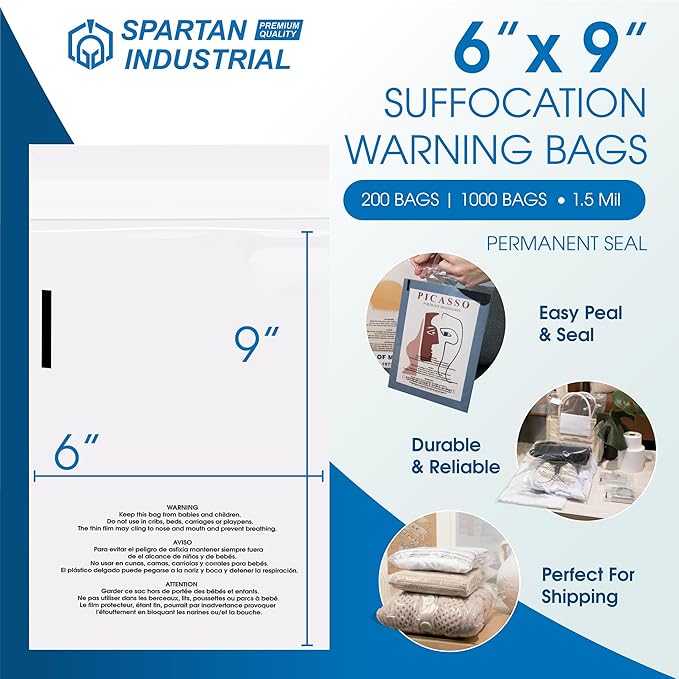 Spartan Industrial - 6" X 9" (1000 Count) Self Seal Clear Poly Bags with Suffocation Warning for Packaging, Shipping - Permanent Adhesive
