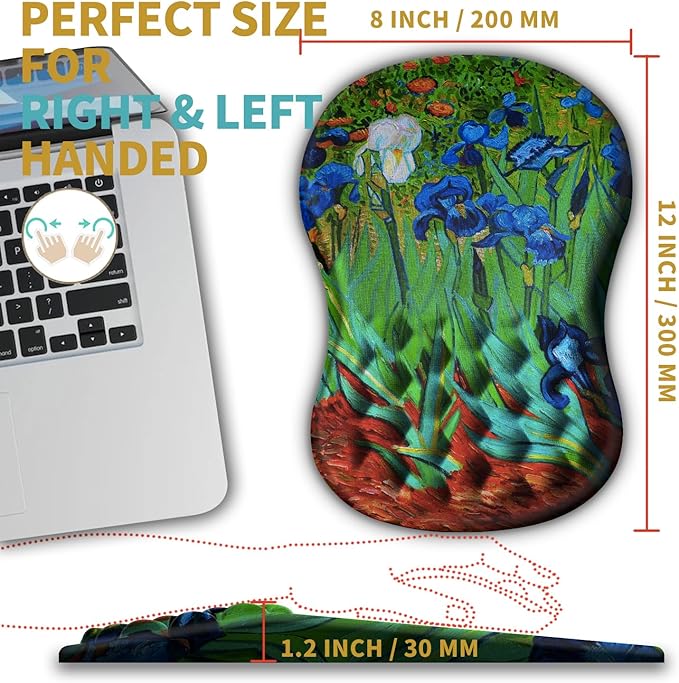 Hokafenle Ergonomic Mouse Pad Wrist Support with Massage Design, Wrist Rest Pain Relief Mousepad with Memory Foam&Non-Slip PU Base, Mouse Pads for Wireless Mouse & Desk(12x8 inch,Vangogh Iris Flower)