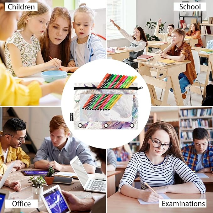 White Horse Butterflies Pencil Pouch for 3 Ring Binder, 2 Pack Waterproof Pencil Bags Clear Window Zipper School Office Supplies