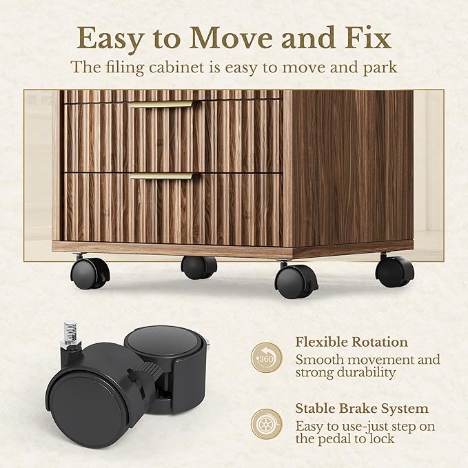 5 Drawer Chest, Under Desk Storage Wood Drawers with Wheels, Fluted File Cabinet for Home Office, Black Walnut