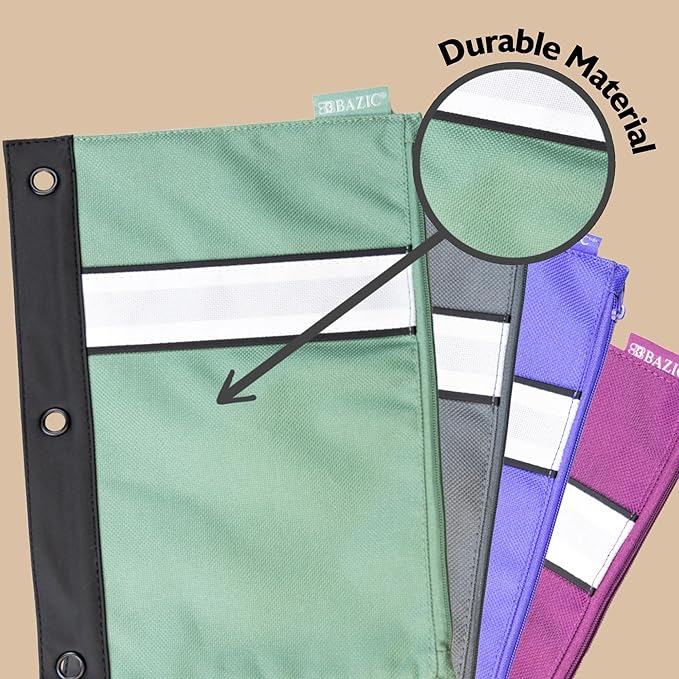 BAZIC Pencil Pouch 3 Ring Binder Pouch w/Rivet Enforced Rings Holes, Zipper Pouches Bag, Assorted Color, 24-Pack