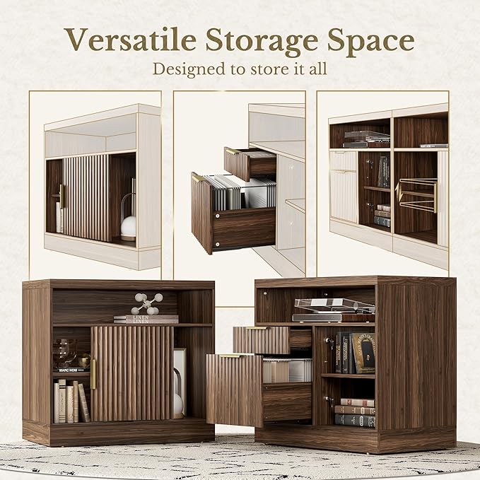 2 Drawer File Cabinet with Lock, 63'' Wood Lateral File Cabinet, Compatible Letter and A4 Size, Fluted Filing Cabinet for Home Office with AC/USB, Adjustable Storage Shelves, Black Walnut