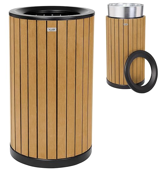 Alpine 32 Gallon Commercial Outdoor Trash Can - Heavy Duty Garbage Can Outdoor, Industrial Open Top Trash Can with Plastic Panels for Patio, Parks, Trails, Resorts (Flat Lid - Cedar)