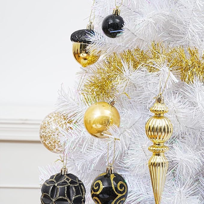 123pcs Christmas Ball Ornaments Set, Shatterproof Plastic Balls for Classic Xmas Decorations, Hanging Ornaments for Christmas Tree, Holiday, Bridal, Home Party, Gold and Black