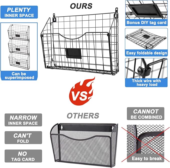 X-cosrack 3-Tier Hanging Wall Files Rack with Door Hooks and 6pcs S Shape Hooks, Over the Door File Organizer &Mounts on Wall Metal Folder, with Tag Slot Great for Office Home and Work- Black