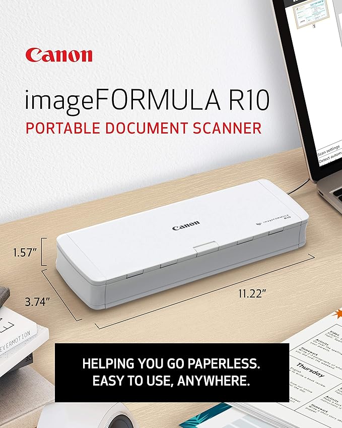 Canon imageFORMULA R10 - Portable Document Scanner, USB Powered, Duplex Scanning, Document Feeder, Easy Setup, Convenient, Perfect for Mobile Users
