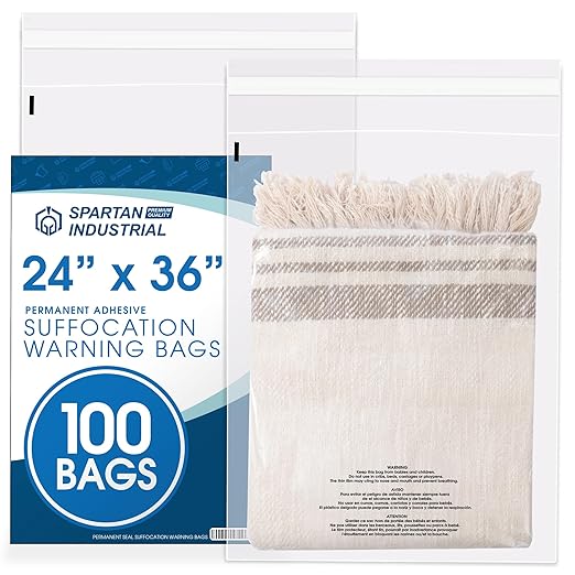 Spartan Industrial - 24” X 36” (100 Count) Self Seal Clear Poly Bags with Suffocation Warning for Packaging, T Shirts & Shipping - Permanent Adhesive