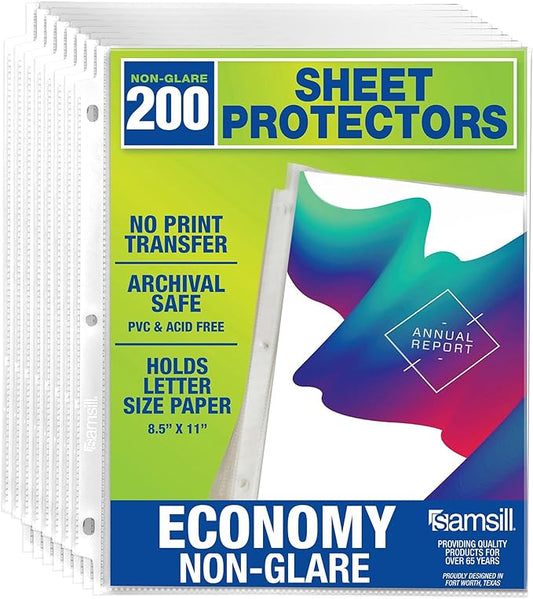 Samsill 200 Pack Sheet Protectors, 8.5x11 Inch Page Protectors for 3 Ring Binder, Standard Weight, Non-Glare Protector, Letter Size, Top Loading, Acid Free