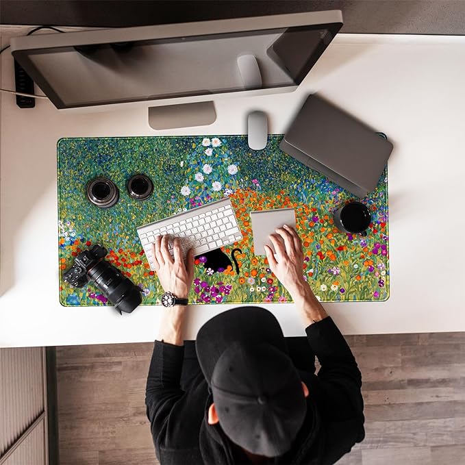 Desk Pad Cute Black Cat Oil Painting Art Floret Desk Mat Office Desk Decor Large Mouse Pad Gaming, XL Mousepad Women Office Desk Decor Laptop Keyboard Mouse Pads with Stitched Edges Mat 31.5x15.7 in