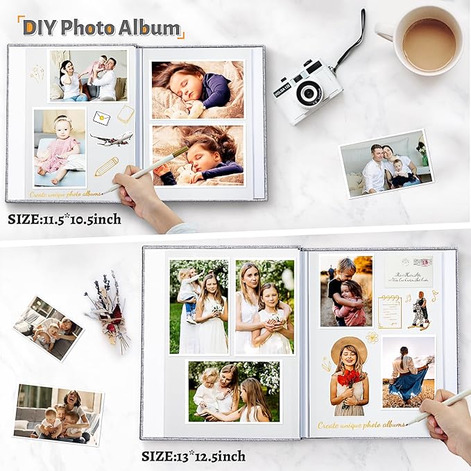 Photo Album Self Adhesive Scrapbook,120 Pages Large Photo Book for 4x6,5x7,8x10 Pictures,DIY Album for Baby Wedding Family Travel Birthday,with Metallic Pen and Scraper