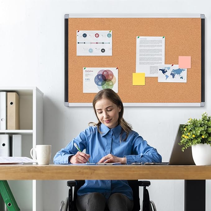 Board2by Cork Board Bulletin Board 24" x 36", Black/Silver Aluminium Framed Corkboard, Office Board for Wall Decor, Large Wall Mounted Notice Pin Board with 18 Push Pins for School, Home & Office