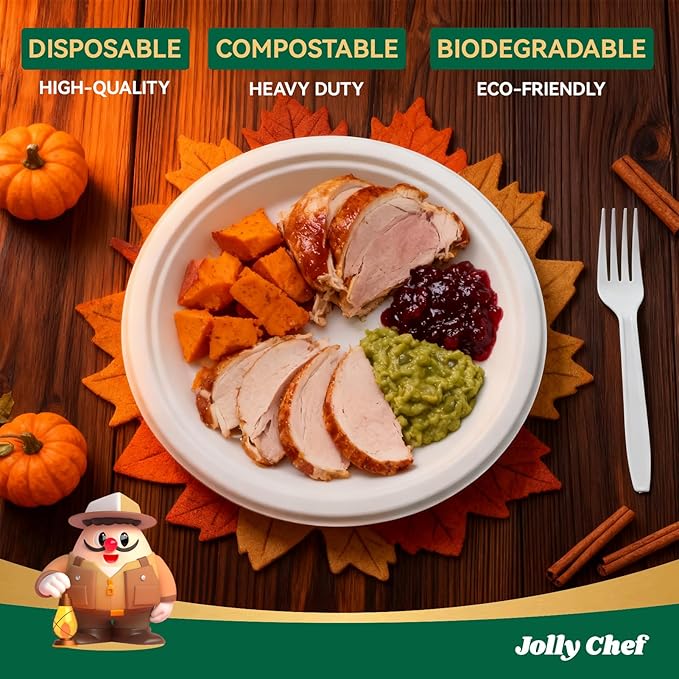 JOLLY CHEF Compostable Heavy Duty Plates 𝟭𝟬 𝗜𝗻𝗰𝗵 [𝟭𝟮𝟱 𝗣𝗮𝗰𝗸] Eco-Friendly Disposable White Paper Plates Made of Bagasse Biodegradable for Party Dinner Sugarcane Fibers Thanksgiving Day
