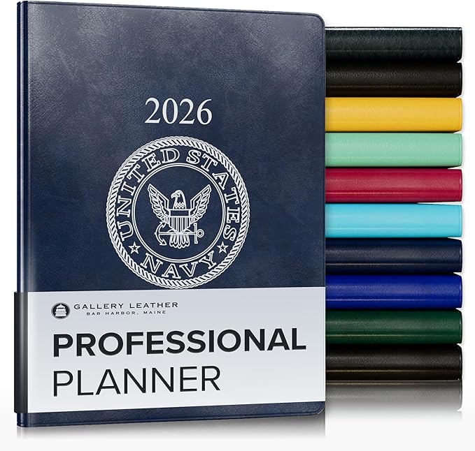 Gallery Leather Professional Weekly Monthly Planner 2026, Elegantly Bound Calendar Planner and Notebook with Stylish Gold-Gilded Page Edges, 12 Months - Acadia Navy - US Navy - 9 x 7 "