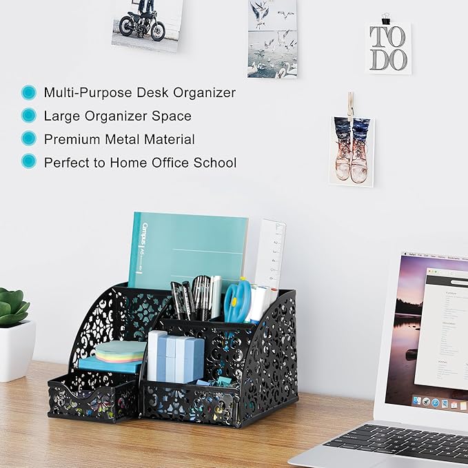 EasyPAG Pen Holder Desk Organizer with Drawer Pencil Cup for Desk 6 Compartments Metal Office Caddy Storage with Sticky Notes Holder for School Home Office, Black