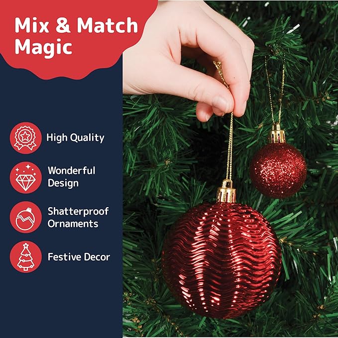 Prextex 36-Pieces Red Christmas Ornaments Set - Shatterproof, Festive Christmas Balls Decorations in 3 Sizes and 6 Styles with Hanging Loops for Tree, Wreath, and Dazzling Holiday Party Decor