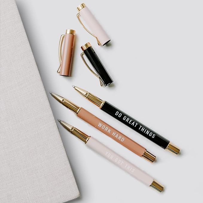 Sweet Water Decor Motivational Metal Pen Set - Set of Three Refillable Medium Ballpoint Pens with Black Ink - Motivational and Inspirational Office and Desk Accessories for Women