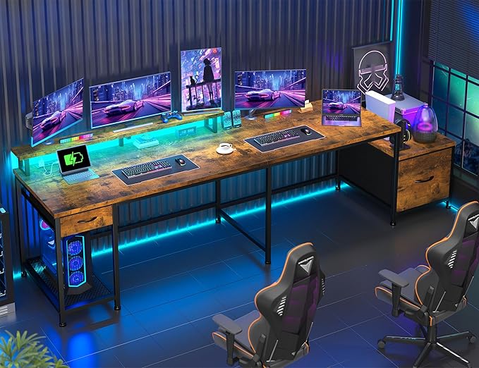 L Shaped Computer Desk with Drawers, Gaming Desk with LED Lights & Monitor Shelf, Office Desks with Power Outlets, Corner Desks for Home Office, Study Room and Bedroom, Rustic Brown
