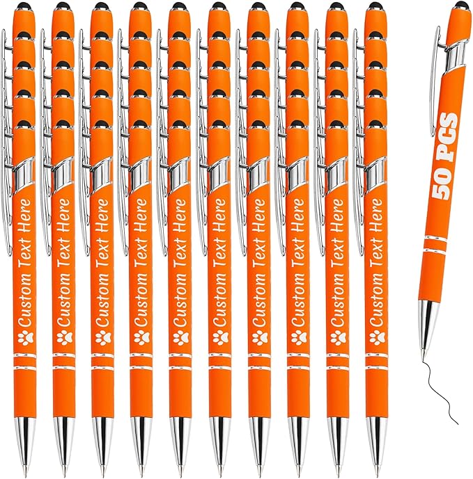 Personalized Pens Bulk 50 with Name Custom Engraving Ballpoint Pens with Stylus Tip Customized Smooth Writing Pens Personalized Gifts for Anniversary Birthday or Graduation(Orange,Black Ink)