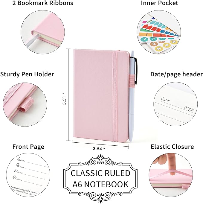 feela 6 Pack Pocket Small Notebooks Bulk, Mini Cute Memo Notepads Hardcover College Ruled Lined Journals with Pen Holder for Women Girls Office School, with 6 Black Pens, 3.5”x 5.5”, A6, Rose Pink