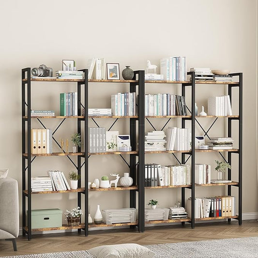 oneinmil 5 Tier Bookshelf Set of 2, 58.7'' Industrial Book Shelf, Wooden Bookshelves with 10 Open Display Shelves, Vintage Storage Rack, Standing Wide Bookcase for Home and Office, Rustic Brown