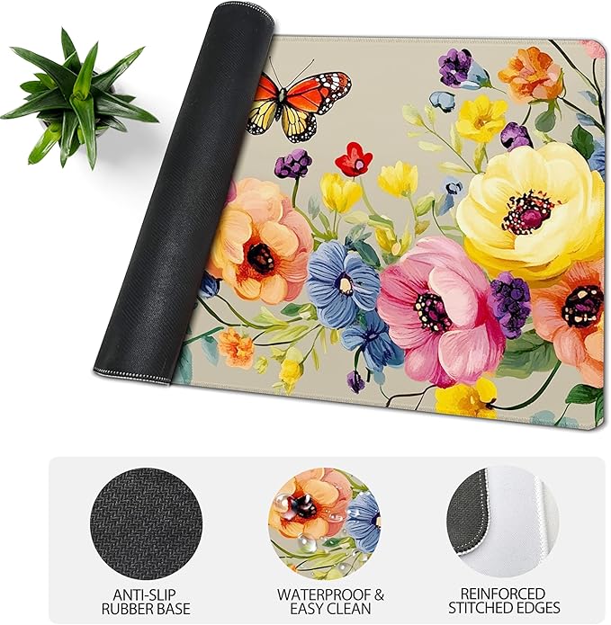 31.5”x11.8”Large Gaming Mouse Pad for Desk, Mouse Mat with Seamed Edges, Waterproof Desk Pad, Non-Slip Rubber Base, Keyboard Pad Computer Mat, Big XL Mousepad-Boho Floral with Butterflies