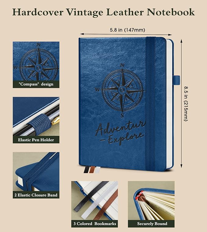 Lined Journal Notebook for Men Women, 160 Pages Ruled Paper, Inner Pocket, A5 Hardcover Vintage Leather Notebooks for Work, School, Travel Journaling, Daily Diary, Notepad 5.8" x 8.5" (Navy)