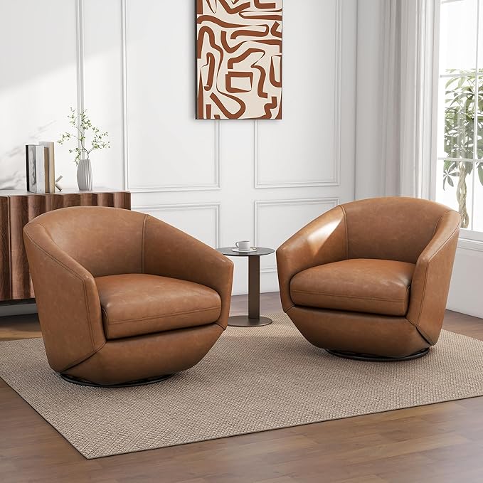 UIXE 360° Swivel Barrel Accent Chair, PU Leather Upholstered Club Armchair for Living Room, Modern Round Arm Chair Single Sofa Bedroom Reading Seating (Brown)