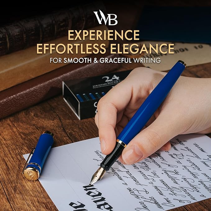 Wordsworth & Black Fountain Pen Set, Bent Nib, Includes 24 Pack Ink Cartridges, Ink Refill Converter & Gift Box, Calligraphy, [Imperial Blue], Perfect for Men & Women