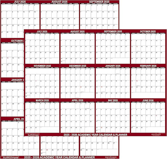 24" x 36" SwiftGlimpse 2025-2026 Academic Wall Calendar, Erasable, Large, Wet & Dry Erase Laminated, Reversible, Yearly Planner, JULY 2025 to JUNE 2026 ONLY, Maroon