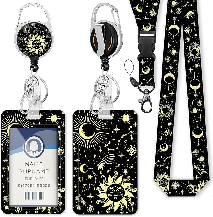 Sun Moon Teacher ID Badge Holder with Lanyard, Fashionable Lanyards for ID Badges Women, Cute Badge Reel Retractable, ID Card Holder Keychain Name Badge Clip, Nurse Teacher Gifts