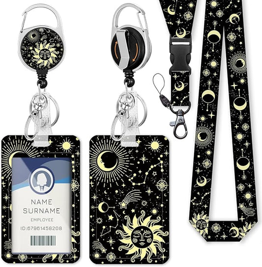 Sun Moon Teacher ID Badge Holder with Lanyard, Fashionable Lanyards for ID Badges Women, Cute Badge Reel Retractable, ID Card Holder Keychain Name Badge Clip, Nurse Teacher Gifts