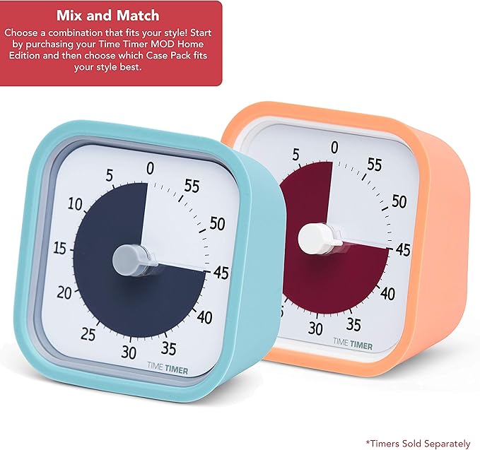 TIME TIMER Home MOD Color Cases - for Classroom Learning, Homeschool Study Tool, Student Desk Clock and Office Meetings with Silent Operation (2-Pack), Orange & Blue Pack