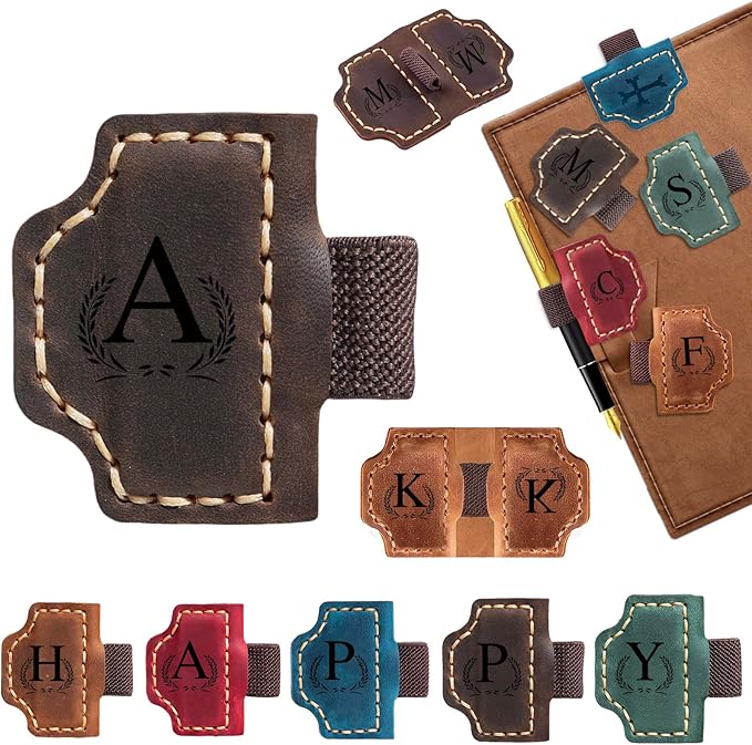 Custom Bygone Mark Bookmark with Pen Holder, 26 Letters Name Initial Personalized Magnetic Leather Bookmark, Gifts for Book Lovers, Readers, Travelers, Leather Book Marks (Dark Brown, A)