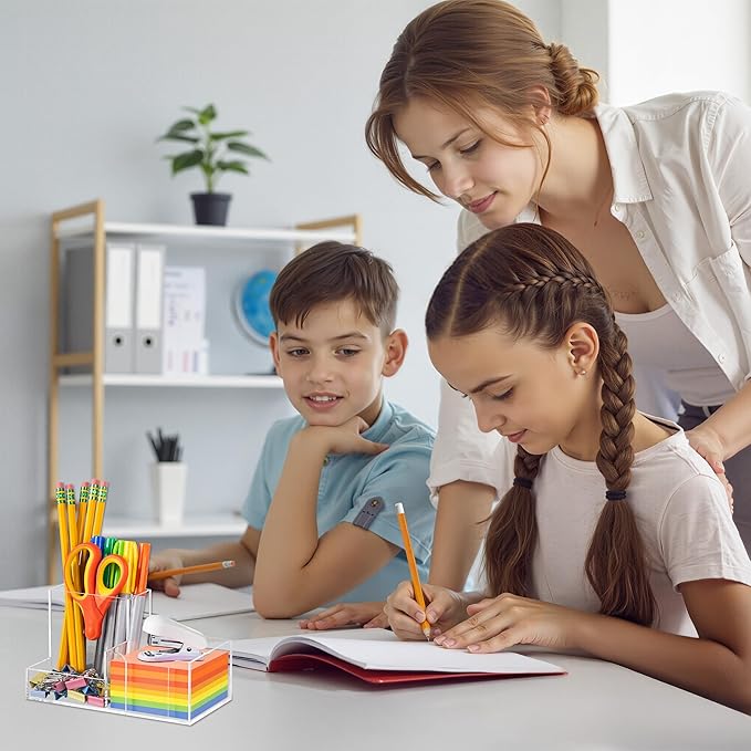 HBlife Acrylic Pen Holder Desk Organizer, 3-Compartment Pencil Holder for Desk, Clear Office Supplies Desk Accessories with Sticky Notes Holder Workspace Organizers for School, Home and Office