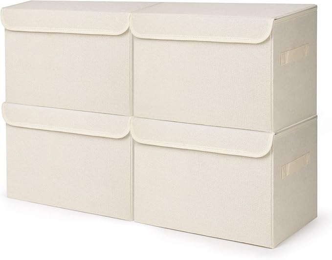 Large 22 Quart [4-Pack] Linen Fabric Foldable Storage Bin Cube Organizer Basket with Flip-Top Lid & Handles, Clothes Blanket Box for Home, Office, Closet (14.6 x 9.5 x 9.5, Beige)